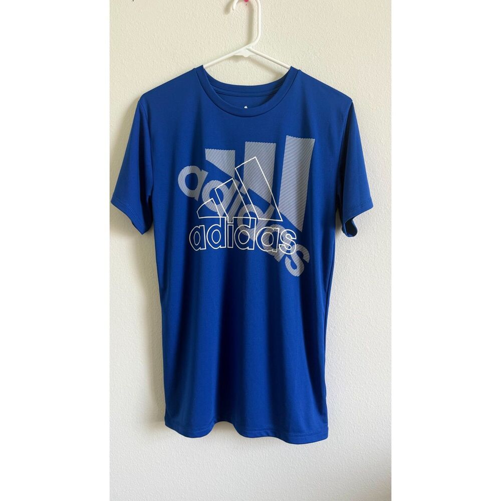 Adidas Boys Large 14/16 Blue Graphic Logo Performance Athletic Shirt Tee